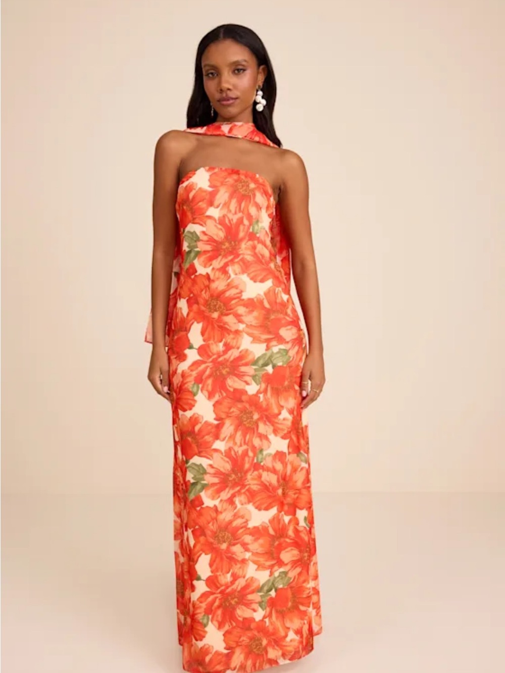 Lulu's Strapless Orange Floral Maxi with Scarf Accent